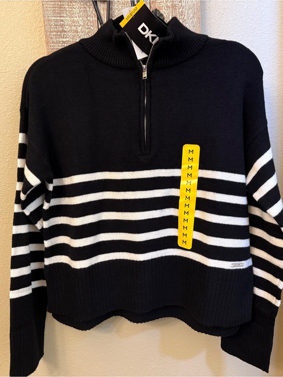 Dkny Sweaters - DKNY Black & White Striped Quarter Zip Mock Neck Sweater Womens M NWT